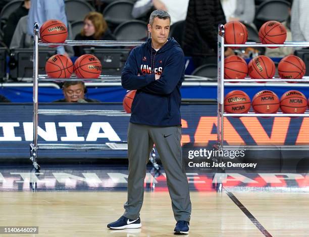 Head coach Tony Bennett of the Virginia Cavaliers looks on during practice ahead of the Men's Final Four at U.S. Bank Stadium on April 05, 2019 in...