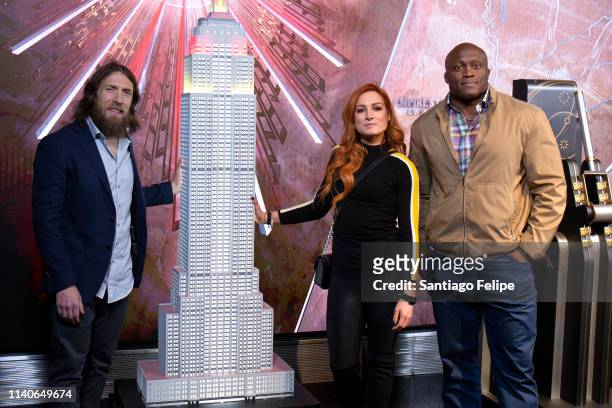 Superstars Daniel Bryan, Becky Lynch and Bobby Lashley Celebrate Wrestlemania 35 at The Empire State Building on April 05, 2019 in New York City.
