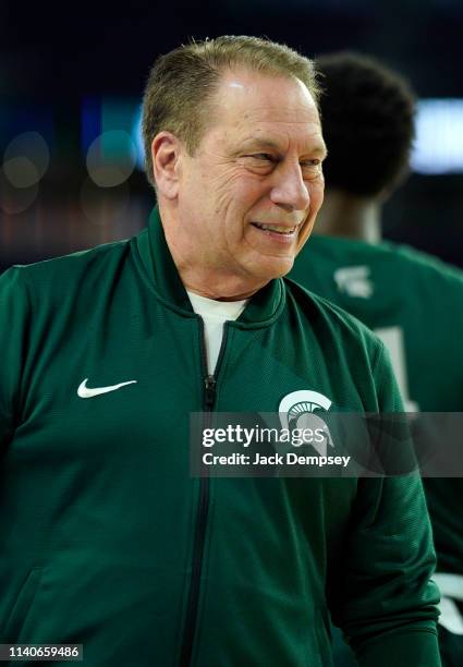 Head coach Tom Izzo of the Michigan State Spartans looks on during practice ahead of the Men's Final Four at U.S. Bank Stadium on April 05, 2019 in...