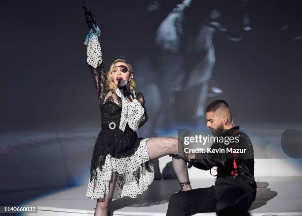 Madonna and Maluma perform onstage during the 2019 Billboard Music Awards at MGM Grand Garden Arena on May 1, 2019 in Las Vegas, Nevada.