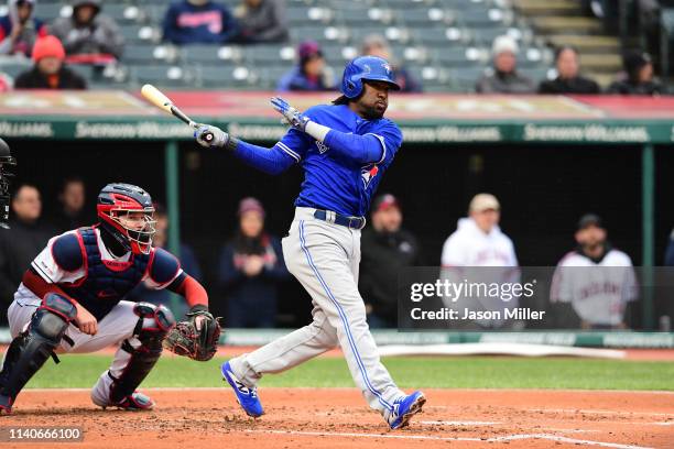 Alen Hanson of the Toronto Blue Jays at bat during the third inning against the Cleveland Indians at Progressive Field on April 04, 2019 in...