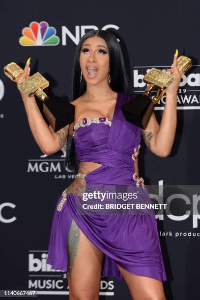 Rapper Cardi B poses in the press room during the 2019 Billboard Music Awards at the MGM Grand Garden Arena on May 1 in Las Vegas, Nevada.