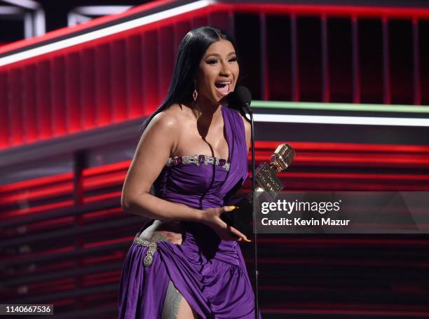 Cardi B accepts Top Hot 100 Song for 'Girls Like You' onstage during the 2019 Billboard Music Awards at MGM Grand Garden Arena on May 1, 2019 in Las...