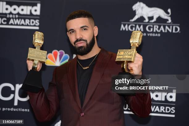 Rapper Drake poses in the press room during the 2019 Billboard Music Awards at the MGM Grand Garden Arena on May 1 in Las Vegas, Nevada.