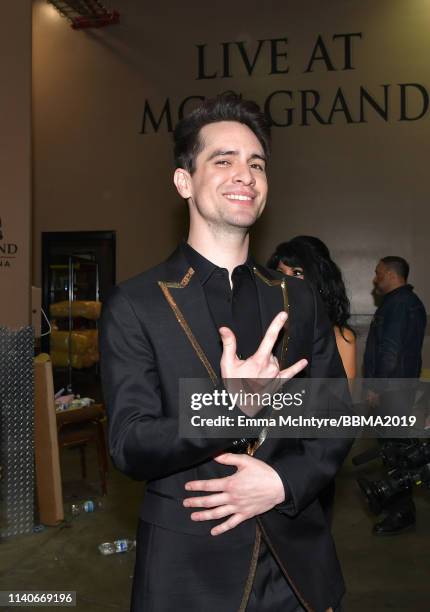 Brendon Urie of Panic! at the Disco poses backstage during the 2019 Billboard Music Awards at MGM Grand Garden Arena on May 1, 2019 in Las Vegas,...