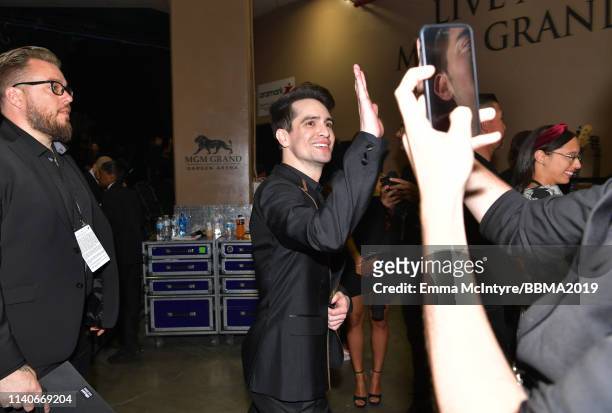 Brendon Urie of Panic! at the Disco poses backstage during the 2019 Billboard Music Awards at MGM Grand Garden Arena on May 1, 2019 in Las Vegas,...
