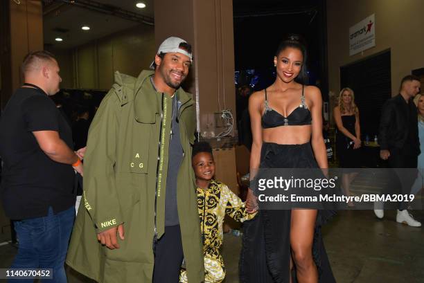Russell Wilson, Future Zahir Wilburn, and Ciara are seen backstage during the 2019 Billboard Music Awards at MGM Grand Garden Arena on May 1, 2019 in...