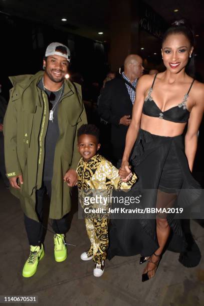 Russell Wilson, Future Zahir Wilburn, and Ciara are seen backstage during the 2019 Billboard Music Awards at MGM Grand Garden Arena on May 1, 2019 in...