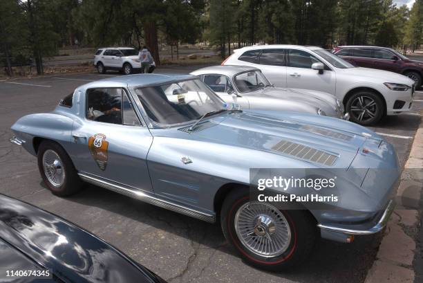 Classic Chevrolet Corvette makes a stop on the Route 66, National Parks Tour 2019 at the South Rim of Grand Canyon National Park, located in...