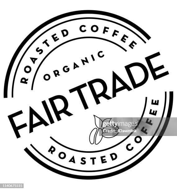 fair trade roasted coffee round labels on coffee bean on white background - fair trade stock illustrations