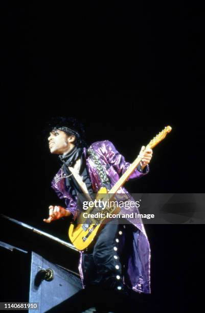 American singer Prince performs on stage during the 1984 Purple Rain Tour on November 4, 1984 at the Joe Louis Arena in Detroit, Michigan.