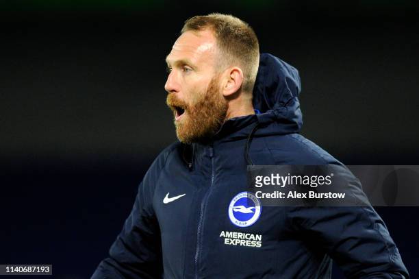 Simon Rusk, Coach of Brighton and Hove Albion U23 reacts during the Premier League 2 match between Brighton & Hove Albion U23 and Swansea City U23 at...