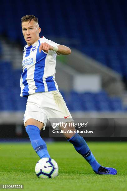 Leo Ostigard of Brighton and Hove Albion passes the ball during the Premier League 2 match between Brighton & Hove Albion U23 and Swansea City U23 at...