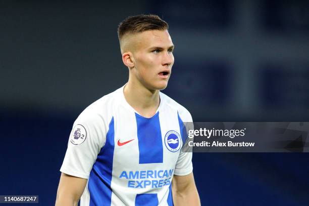 Leo Ostigard of Brighton and Hove Albion looks on during the Premier League 2 match between Brighton & Hove Albion U23 and Swansea City U23 at...