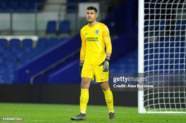 Robert Sanchez of Brighton and Hove Albion complains to the Assistant Referee during the Premier League 2 match between Brighton & Hove Albion U23...