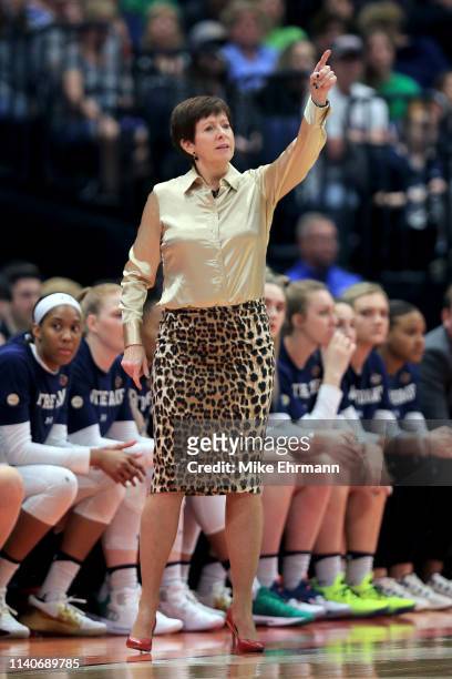 Head coach Muffet McGraw of the Notre Dame Fighting Irish reacts against the UConn Huskies during the first quarter in the semifinals of the 2019...