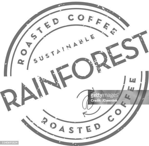 nachhaltige regenwald-röstkaffee-rundetiketten auf kaffeebohne auf weißem hintergrund - stempel büromaterial stock-grafiken, -clipart, -cartoons und -symbole