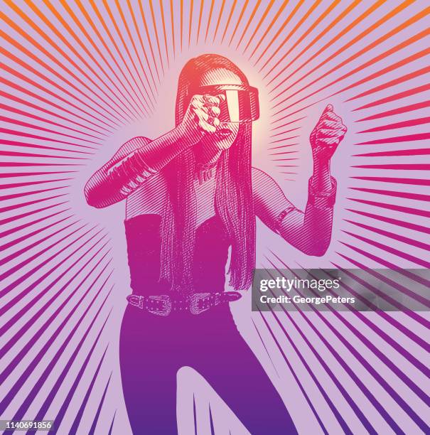 beautiful young woman using virtual reality simulator - driving simulator stock illustrations