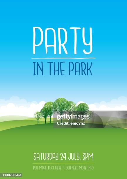 ilustraciones, imágenes clip art, dibujos animados e iconos de stock de fiesta en el cartel del parque - ambiente evento