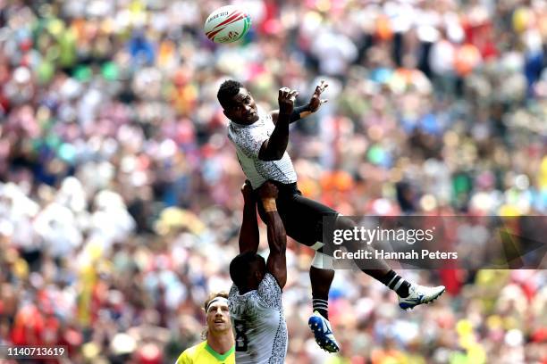 Jerry Tuwai of Fiji loses the ball against Australia on day two of the Cathay Pacific/HSBC Hong Kong Sevens at the Hong Kong Stadium on April 06,...