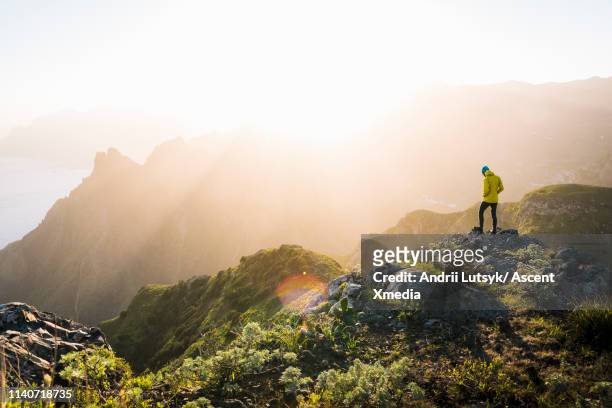 young man treks through alpine landscape, sunrise - senderismo fotografías e imágenes de stock