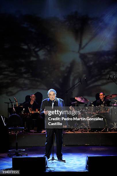 Argentine singer and songwriter Alberto Cortez performs during a concert at Teatro de la Ciudad Esperanza Iris on May 10, 2011 in Mexico City, Mexico.