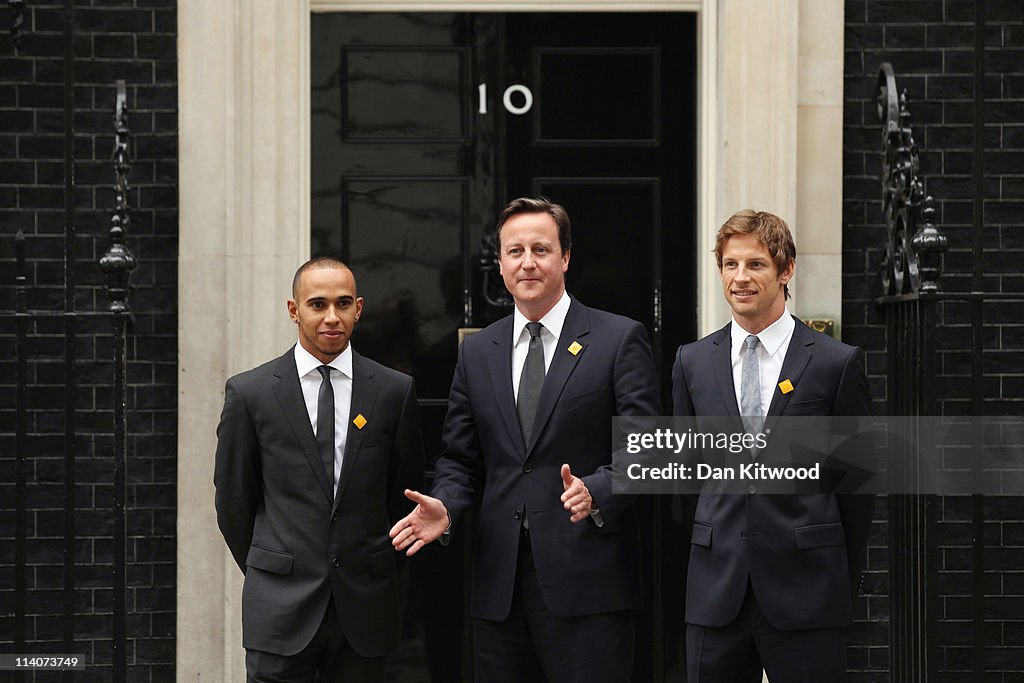 Prime Minister David Cameron Meets With Formula One Drivers Lewis Hamilton And Jenson Button