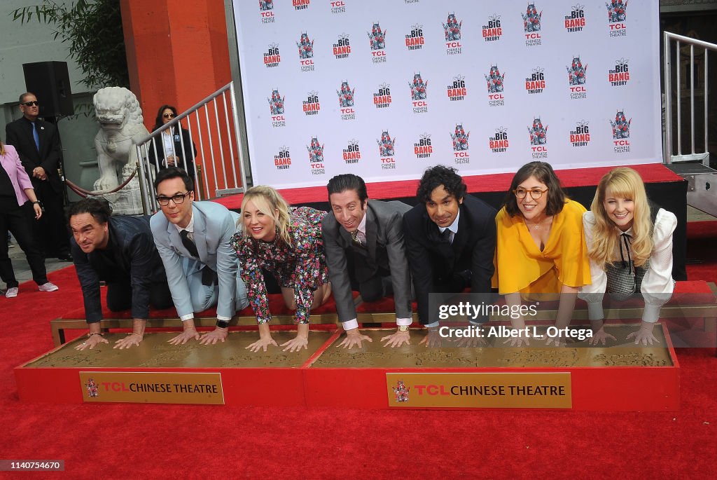 The Cast Of "The Big Bang Theory" Places Their Handprints In The Cement At The TCL Chinese Theatre IMAX Forecourt