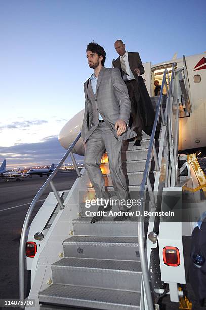 Pau Gasol of the Los Angeles Lakers exits the plane arriving from Dallas following Game Four of the Western Conference Semifinals in the 2011 NBA...