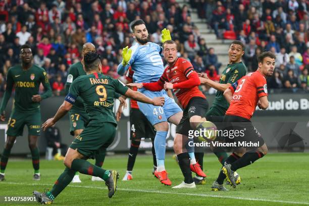 Carlos Vinicius of Monaco and Damien Da Silva of Rennes during the Ligue 1 match between Rennes and Monaco on May 1, 2019 in Rennes, France.