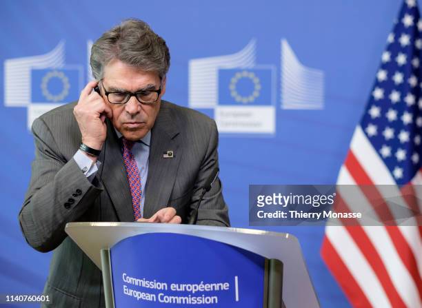 Energy Secretary Rick Perry and the European Commissioner for Climate Action and Energy talk to journalists during a joint news conference, on the...