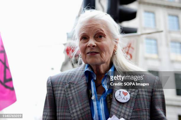 Fashion designer Vivienne Westwood speaks in the Extinction Rebellion Carnival of Chaos protest at the embassy of Brazil in London. Extinction...