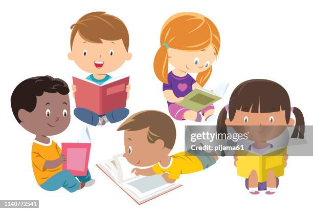 kids reading, group of friends - library vector stock illustrations