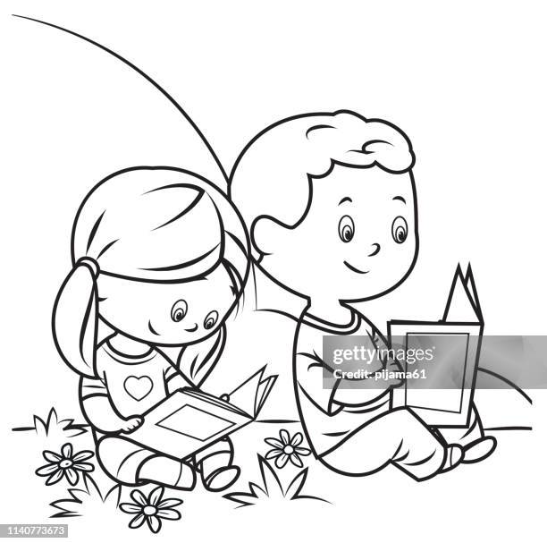 ilustrações de stock, clip art, desenhos animados e ícones de coloring book, kids reading - somente crianças