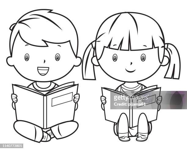 coloring book, reading book - girl reading stock illustrations