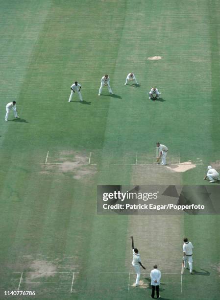 Joel Garner of Somerset bowls to Bedfordshire batsman Malcolm Stedman during the NatWest Bank Trophy 1st round match between Bedfordshire and...