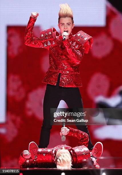 John and Edward Grimes of the band Jedward from Ireland peform at a dress rehearsal the day before the second semi-finals of the Eurovision Song...