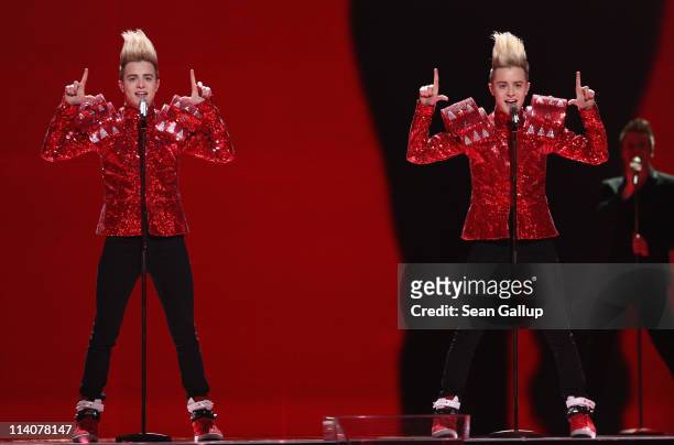 John and Edward Grimes of the band Jedward from Ireland peform at a dress rehearsal the day before the second semi-finals of the Eurovision Song...