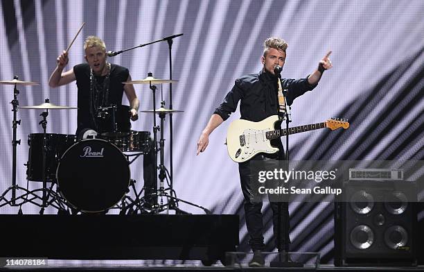 The band A Friend In London from Denmark peform at a dress rehearsal the day before the second semi-finals of the Eurovision Song Contest 2011 on May...