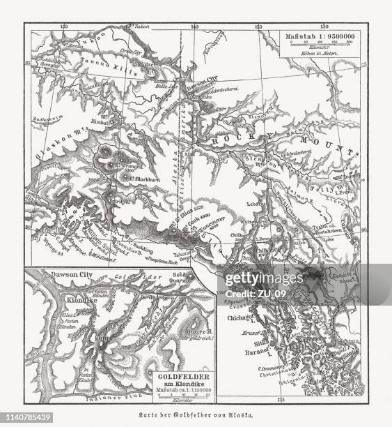 ilustrações de stock, clip art, desenhos animados e ícones de map of the klondike river, canada, (klondike gold rush), 1898 - rio yukon