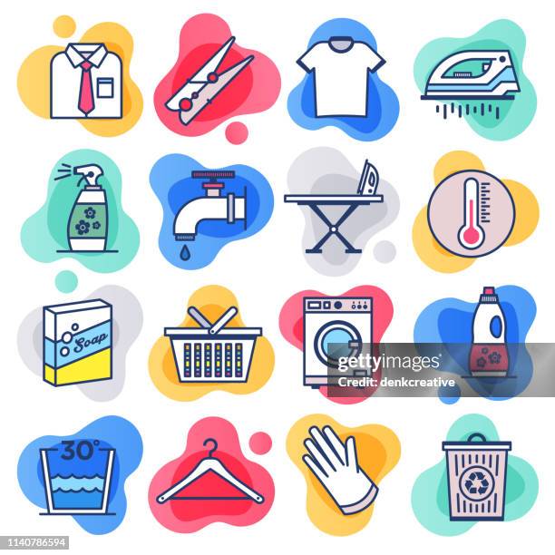 ilustraciones, imágenes clip art, dibujos animados e iconos de stock de lavado y productos de limpieza línea plana vector de estilo líquido icono conjunto - lavadora