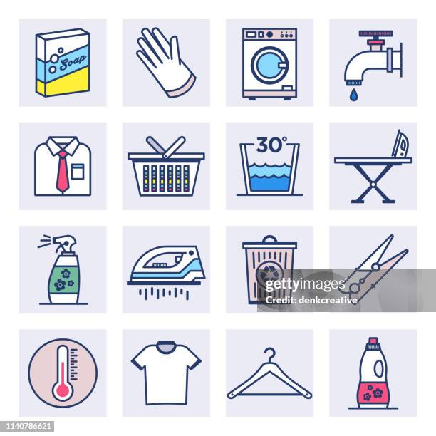 ilustrações de stock, clip art, desenhos animados e ícones de household cleaning products flat line style vector icon set - detergente da louça