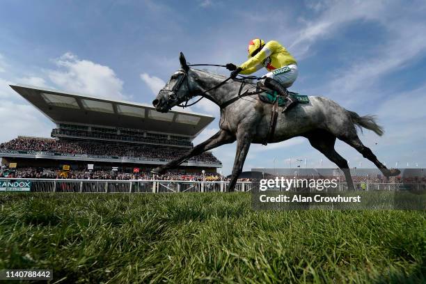 Harry Skelton riding Aux Ptits Soins win The Gaskells Handicap Hurdle on Grand National Day at Aintree Racecourse on April 06, 2019 in Liverpool,...