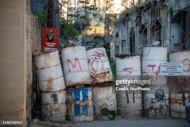 On 22 April 2019, a military sign reading 'forbidden zone' appears behind barbed wire on the green line in Nicosia, or Lefkosa, the capital city of...