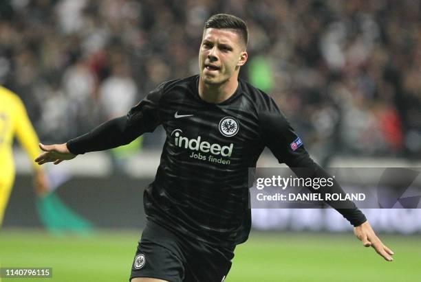 Frankfurt's Serbian forward Luka Jovic celebrates scoring the opening goal during the UEFA Europa League semi-final first leg football match...