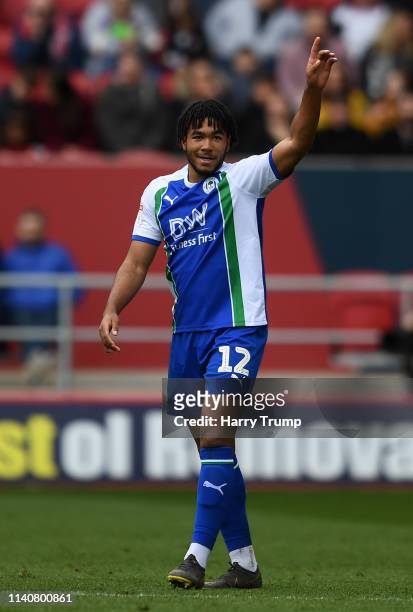 Reece James of Wigan Athletic celebrates after scoring his sides first goal during the Sky Bet Championship match between Bristol City and Wigan...