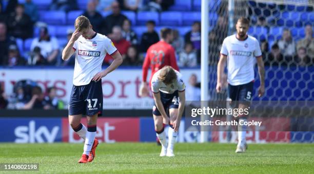 Callum Connolly of Bolton reacts after Ipswich's second goal during the Sky Bet Championship match between Bolton Wanderers and Ipswich Town at...