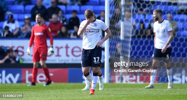 Callum Connolly of Bolton reacts after Ipswich's second goal during the Sky Bet Championship match between Bolton Wanderers and Ipswich Town at...