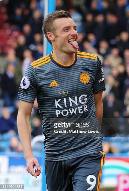 Jamie Vardy of Leicester City celebrates after scoring his team's second goal from the penalty spot during the Premier League match between...