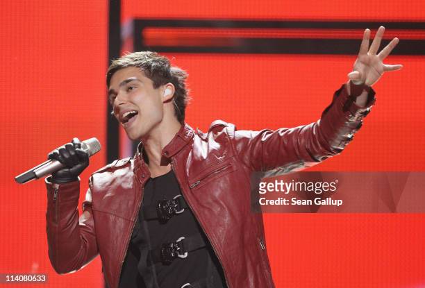 Eric Saade of Sweden peforms at a dress rehearsal the day before the second semi-finals of the Eurovision Song Contest 2011 on May 11, 2011 in...